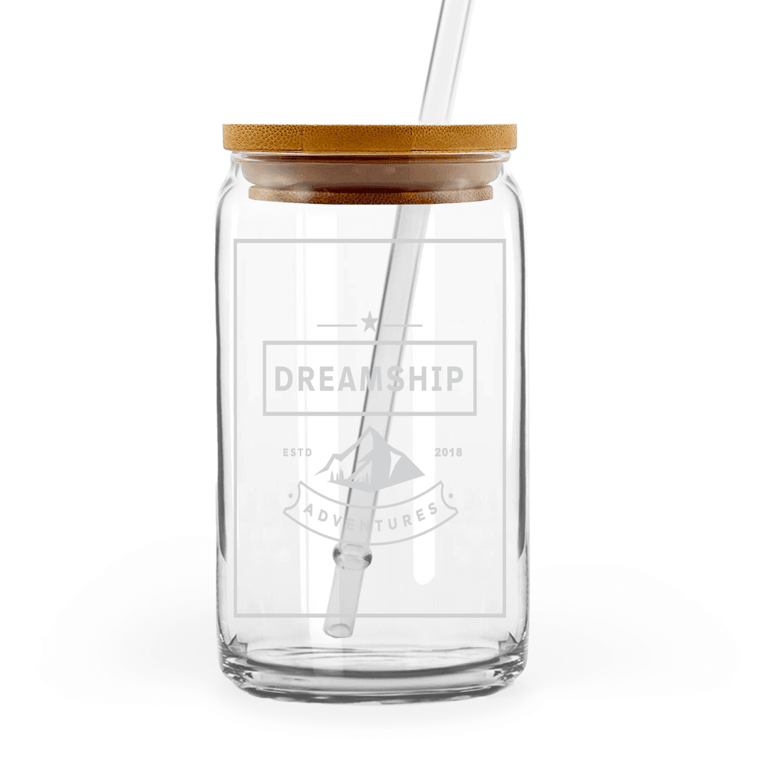 Engraved Glass Can with Bamboo Lid & Straw